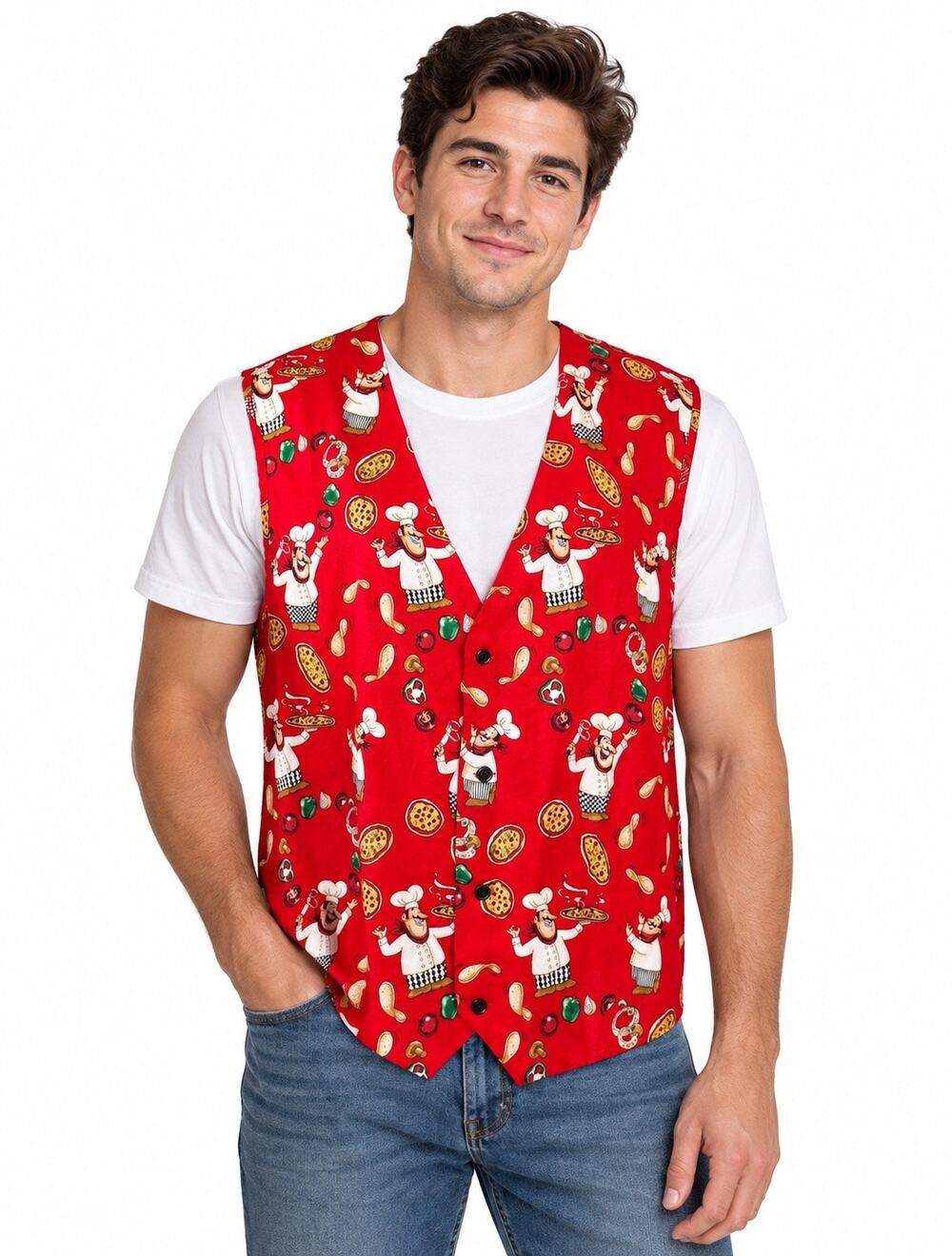 Vintage ‘80s Murphy & Hartelius Pizza Chef Motif V-Neck Button Front Unisex Vest